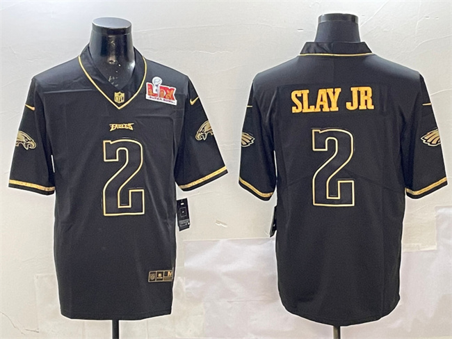 Men's Black/Gold Philadelphia Eagles #2 Darius Slay Jr. 2025 Super Bowl LIX Patch Vapor Untouchable Limited Stitched Football Jersey